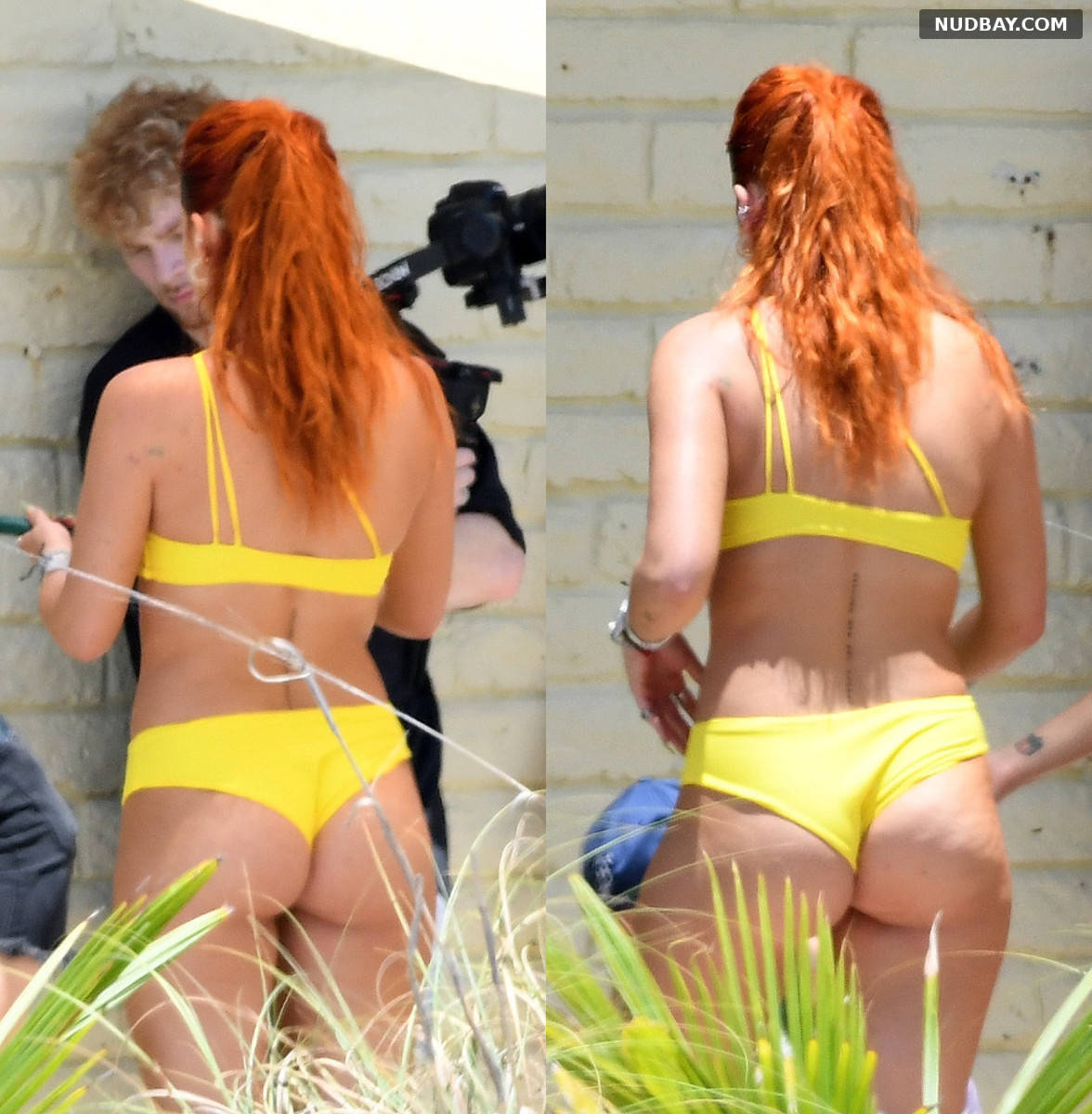 Bella Thorne Wears a white and yellow during a photoshoot on the beach in Miami