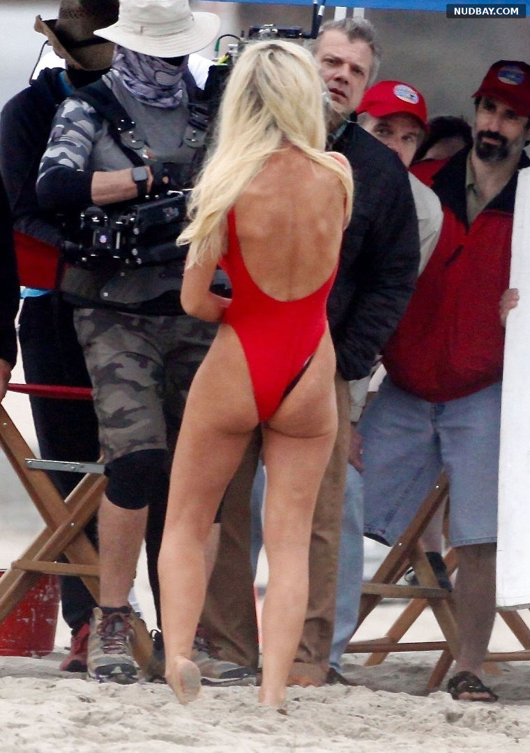 Lily James Ass in Red Swimsuit on a Beach in Malibu 1