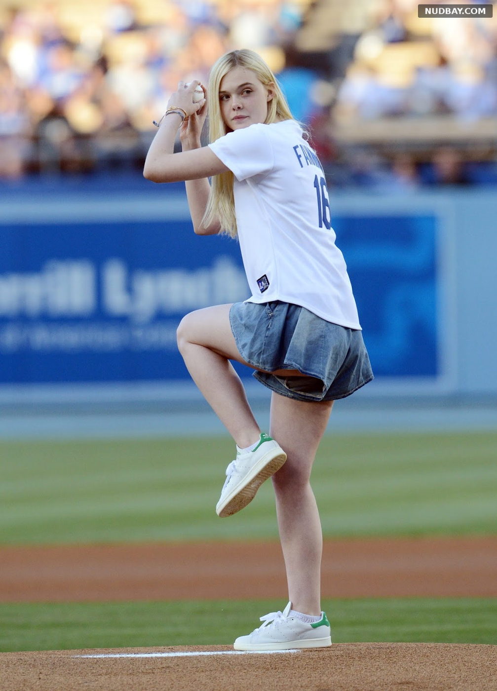 Elle Fanning Upskirt throws out the ceremonial first pitch at a Dodgers game