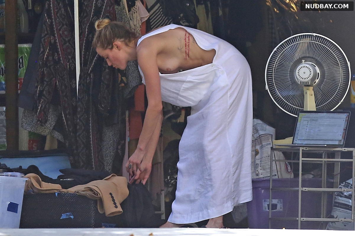 Amber Heard Nip Slip cleaning out her garage in LA Jul 30 2018 1