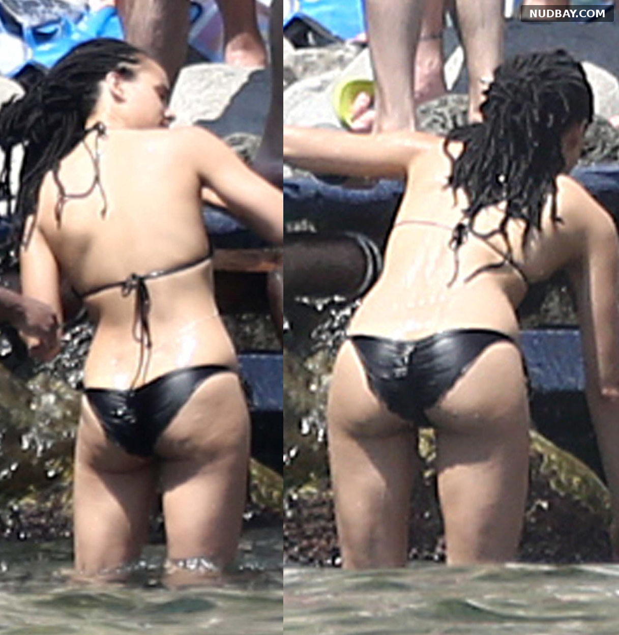 Nathalie Emmanuel nude ass in black bikini on a boat in Ischia Jul 15 2015