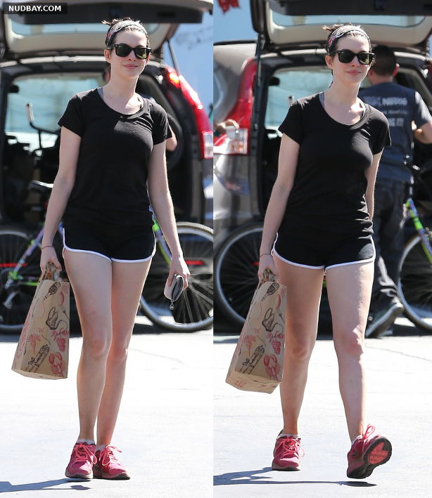 Anne Hathaway Leggy in gym shorts at Trader Joes in Los Feliz Sep 22 2013 01