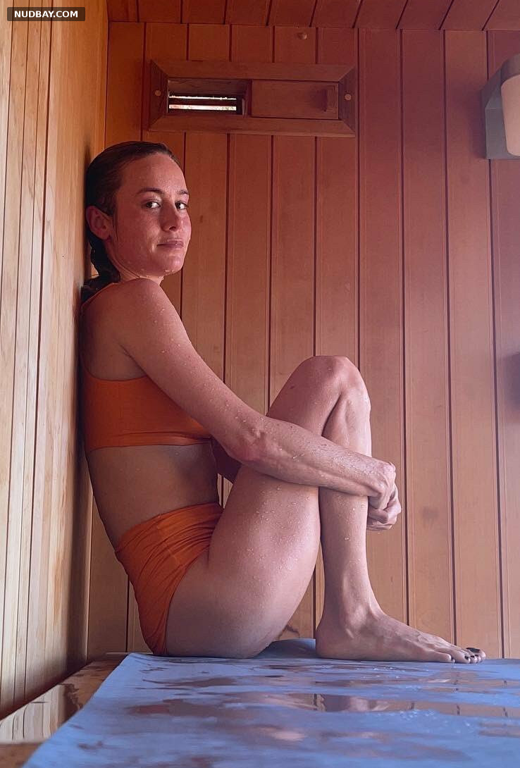 Brie Larson Sauna Sweaty in Orange Lingerie 2023