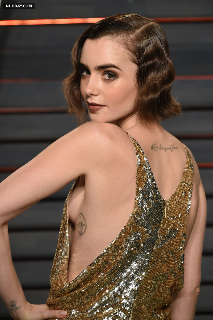 Lily Collins nude boobs Vanity Fair Oscar Party in Beverly Hills 2016