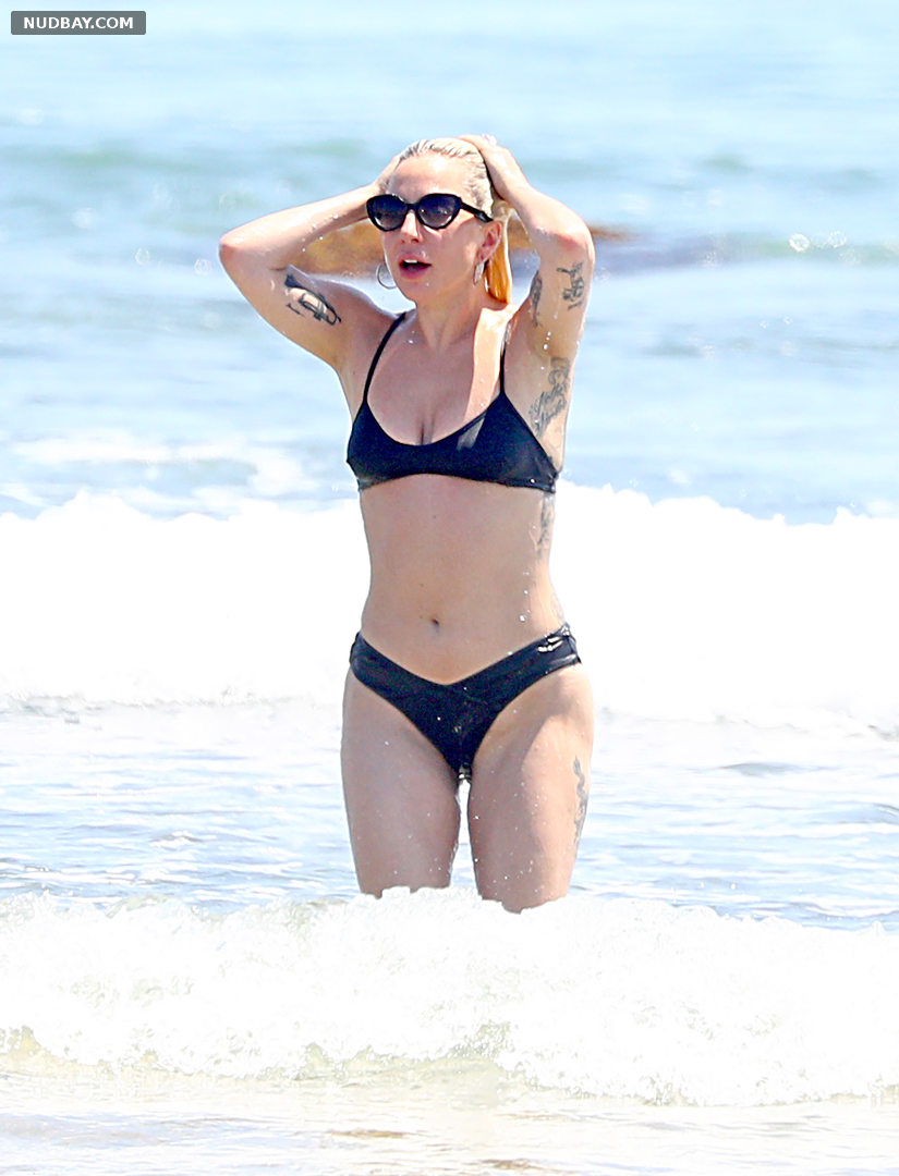 Lady Gaga wet nude in a black bikini in the Hamptons 07 01 2018