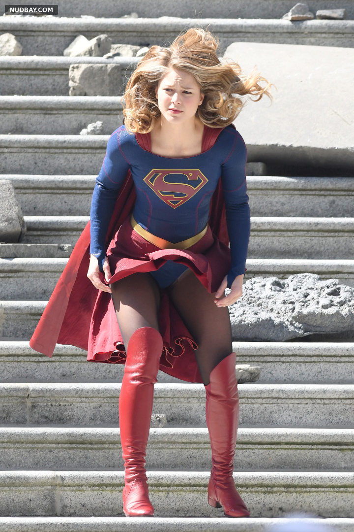 Melissa Benoist upskirt On the set of Supergirl in Vancouver 2018